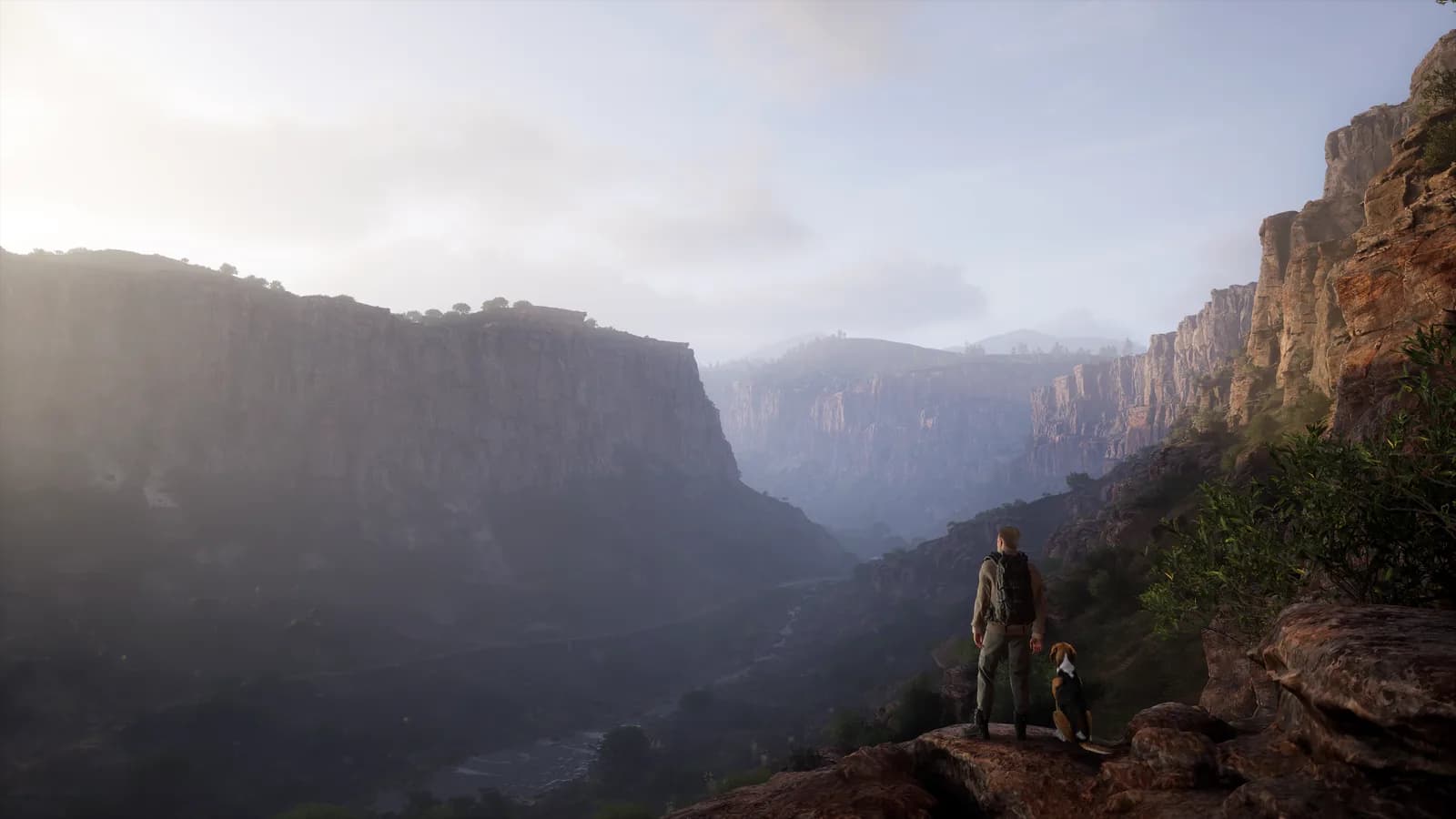 A hunter and hound pause on a rocky overlook above a wide valley.