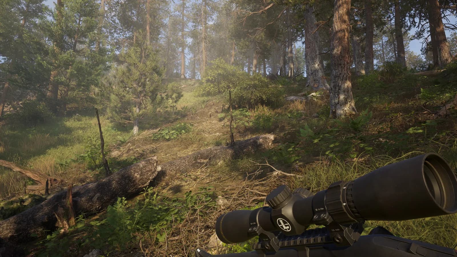 A rifle and mounted scope frame a wooded hillside.